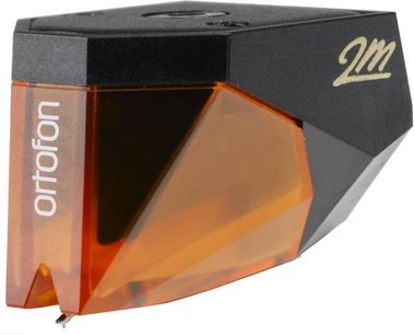 Cellule platine vinyles Ortofon 2M Bronze, vue de 3/4 avant, corps noir mat et bronze brillant, pointe diamant