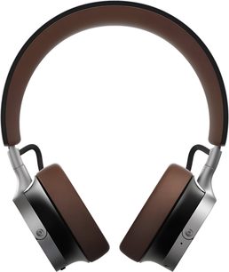 Gümüş metal ve kahverengi suni deriyle tasarlanmış, dikdörtgen siyah kenarlı kulak yastıklarına sahip, uyumlu kafa bandı ile birleştirilmiş Beyerdynamic AVENTHO 100 kahverengi kablosuz hifi kulaklık, önden görünüm