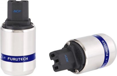 IEC konektor Furutech FI-48 NCF (R) a konektor Neutrik NCF, černé a stříbrné, pohled zepředu a z boku