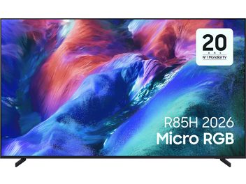 Televisor Samsung R85H 2026 de pantalla plana negro con imagen abstracta azul, rosa y violeta, vista frontal