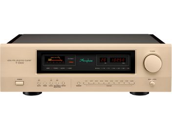 Accuphase T-1300, FM тунер в позлатен алуминий с четка на зъб, преден изглед, голям десен бутон, дисплей с червени LED и индикатор за ниво