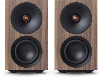 Par högtalare Cambridge Audio L/R S valnöt, front i valnötsträ, svarta runda högtalarelement och centrerad kopparfärgad diskant