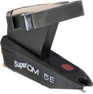 Ortofon Super OM 5E vinyl turntable cartridge, matte black body, chrome tonearm, red stylus, side view