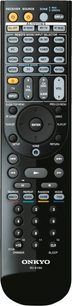 Sort Onkyo RC-810M fjernbetjening med mange knapper til at styre en sort TX-NR 1009 hjemmebiografsforstærker, set forfra