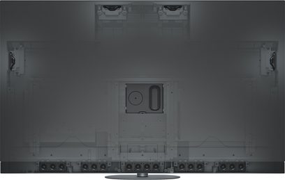 Panasonic TV-65Z95AEG -teräväpiirtotelevisio, takanäkymä, näkyvissä sisäiset komponentit, pyöreä keskijalusta