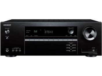 Onkyo TX-NR5100 svart hemmabioprojektor, frontvy, "DTS:X"-display, kontrollknappar och rattar, hörlursuttag