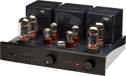 Amplificatore integrato stereo a valvole Cayin CS-88A KT88, chassis in metallo blu notte con frontale in alluminio nero spazzolato, otto valvole in vetro a vista e tre trasformatori quadrati sul retro, vista da tre quarti anteriore destra leggermente dall’alto