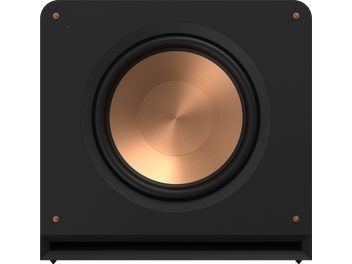 Klipsch RP-1600SW subwoofer, front view, circular copper-colored speaker, square matte black frame