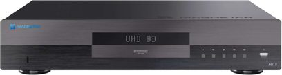 4K Blu-ray-afspiller Magnetar UDP800 MKII sort set forfra, front i børstet aluminium og centralt display