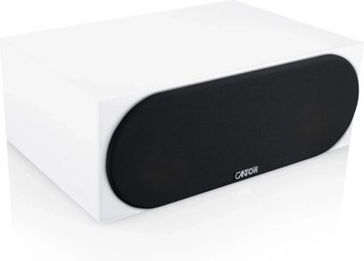 Hvid Canton GLE 50 Center S2 centerhøjttaler med stor oval sort akustisk frontbaffel set i trekvart profil