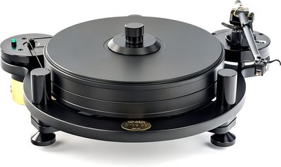 Giradischi Michell Engineering Orbe SE in metallo nero, vista a tre quarti, grande piatto con clamp ferma-disco, braccio a destra