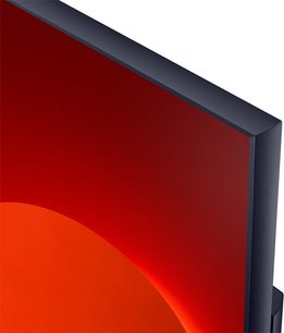 Samsung The Sero QE43LS05T-tv, set fra siden, sort skærm, marineblå bagside, klart rød nederste kant