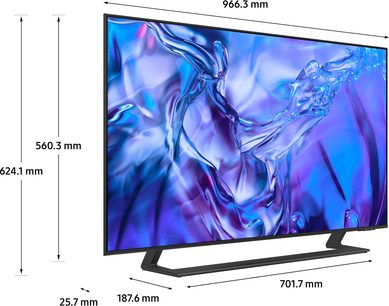 Televizor Samsung TU43DU8575 s vysokým rozlišením 2024, pohled ze tří čtvrtin, úhlopříčka 966,3 mm, výška 624,1 mm, základna 701,7 mm
