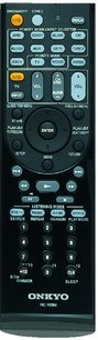 Sort Onkyo RC-709M fjernbetjening til TX-SR576 hjemmebiografsforstærker, set forfra, mange knapper og kontrolhjul