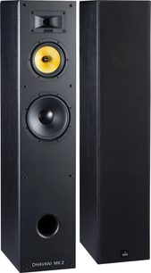Două coloane Davis Acoustics Dhavani MK2, carcasă din lemn negru, vedere din față, tweeter cu pavilion, mediu galben, woofer, port de bas