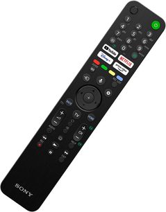 Sort Sony fjernbetjening med flerfarvet tastatur og LCD-skærm, set forfra i fuld længde