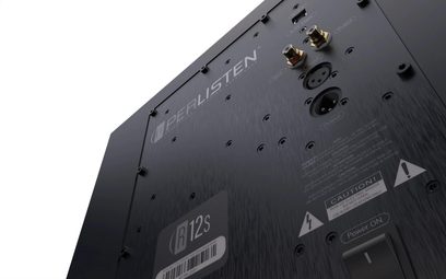 Perlisten R12s subwoofer, hoekaanzicht, zwarte afwerking, vergulde aansluitingen, waarschuwingslabels, schakelaar