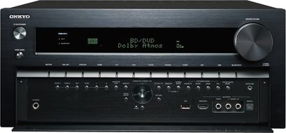 Předzesilovač domácího kina Onkyo PR-SC5530 černý, pohled zepředu, displej "BD/DVD Dolby Atmos", množství tlačítek a konektorů