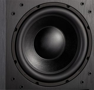Davis Acoustics Basson 777 sort højtalerboks med træfinish, tæt på-fremvisning af højttaleren og skruer forfra