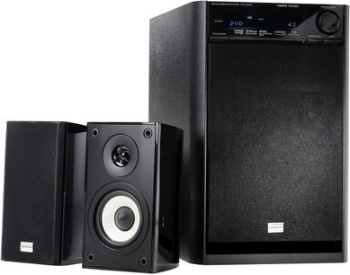 2.1 reproduktorová sada Onkyo HTX-22 HD v černé barvě, složená ze dvou regálových reproduktorů a subwooferu, pohled zepředu