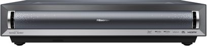 Hisense PX3-Pro projector, front view, central perforated grille, technology logos at the bottom, metallic finishes