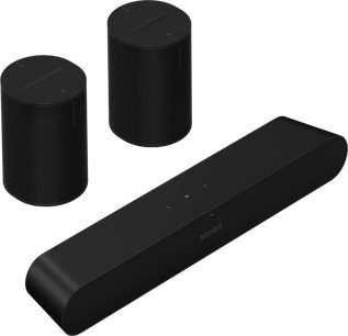 Soundbar Sonos Pack Ray + 2x Era 100 v matné černé barvě, 3 válcové černé reproduktory, pohled zepředu a z profilu