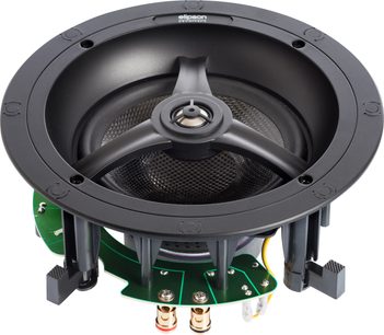 Vestavný stropní reproduktor Elipson INFINITE in-ceiling 6, pohled zepředu, černá mřížka, stříbrný centrální reproduktor, periferní uchycení