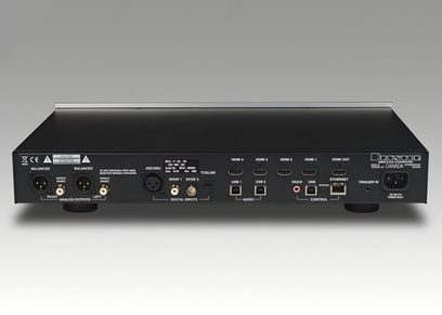 Rear view of Bryston BDA-3 audio converter with XLR and RCA outputs and multiple HDMI, USB, and network inputs