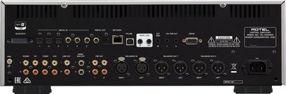 Preamplificatore stereo Rotel RC-1590 MKII nero, vista posteriore, connettori audio e di rete, porte USB, XLR, RCA, etichette