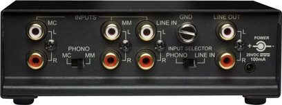 NAD PP4 Schwarz Phono-Vorverstärker, Rückansicht, Phono- und Line-Cinch-Anschlüsse, Eingangswahlschalter, Erdungsanschluss, Netzschalter