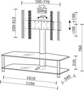Tv-møbel i glas og metal med fladskærmsbeslag, hylder og opbevaringsrum, detaljerede mål på teknisk diagram