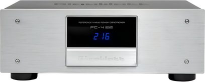 Condizionatore di rete GigaWatt PC-4 EVO in alluminio spazzolato argento con schermo centrale nero e display blu