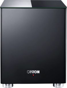 Subwoofer Canton Smart Sub 12 nero, frontale lineare con piano in vetro e piedini cilindrici in metallo