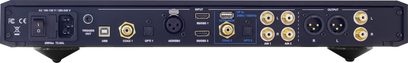 Przetwornik audio DAC Nuprime Evolution DAC2 srebrny, widok z tyłu, liczne złącza w rzędzie, widoczne nóżki na dole