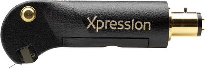 Ortofon MC XPRESSION vinilų grotuvo galvutė, šoninis vaizdas, juodas korpusas, auksinis užrašas "Xpression", auksinis jungiklis