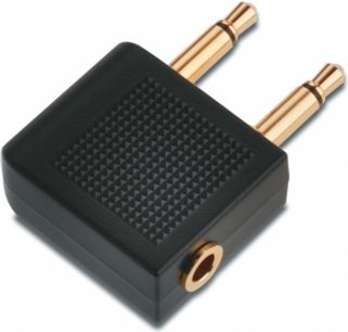 Sort og gylden 3,5 mm han til 6,35 mm hun jackadapter, forgyldte stik, mat sort tekstureret plastikboks