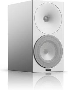 Altavoz de estantería Amphion Argon 3S blanco, vista frontal y lateral, caja acústica blanca, altavoz circular con rejilla