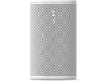 Cassa Bluetooth portatile Sonos PLAY bianca, vista frontale, ampia griglia metallica forata con design verticale
