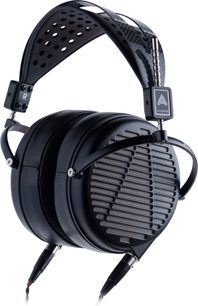 Åbent hi-fi hovedsæt Audeze LCD-MX4 sort, ovale gittrede ørepuder, polstret hovedbøjle, på stativ