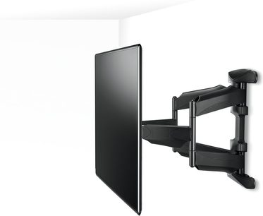 Vægmonteret sort TV-beslag bestående af en drejeligt, leddet arm fastgjort til en rektangulær vægplade