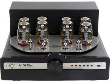 Ampli hi-fi csöves Synthesis Art In Music Action A100 Titan, előlről nézve, 8 csővel, 1 központi szabályzó gombbal, 1 bekapcsoló gombbal, 6 fényes indikátorral