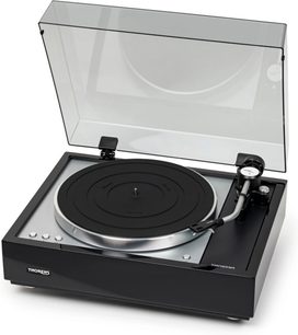 Hi-fi pladespiller TD 1601 med TP 160 sort, gennemsigtigt opklappeligt låg, sølvfarvet cirkulær pladetallerken, buet tonearm