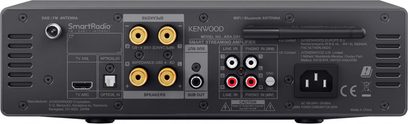 Kenwood KSA-DX1 sort stereoforstærker, set bagfra med højttalerterminaler, lydindgange og optiske HDMI-porte