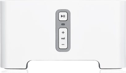 Frontansicht des Sonos CONNECT Netzwerk-Audioplayers, Lautstärke- und Wiedergabetasten, weiße Ausführung