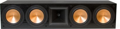 Klipsch RC-64 MkII sort centerkanal, 4 gyldne runde højttalere, 1 sort rektangulær diskanthøjttaler i midten