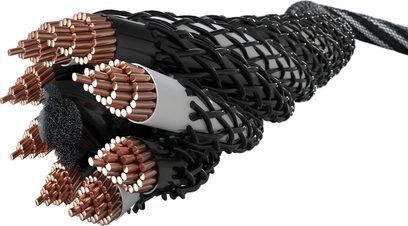 Reproduktorový kabel Inakustik LS-404 Micro AIR v řezu, měděné vodiče a černý pletený plášť
