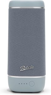 Bluetooth-Lautsprecher Roberts Reunion in Himmelblau, Frontansicht, Kunststoffgehäuse, Stoffgitter, LED-Anzeigen und runder Knopf