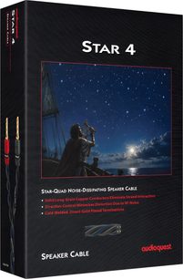 Audioquest Star 4 speaker cable in a black box, with a starry sky and an illustration of red and black connectors