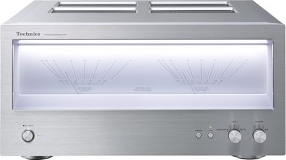 Technics SE-R1E-S sølvfarvet effektforstærker, frontvisning, 2 analoge vu-metre, 4 knapper, 4 indgange