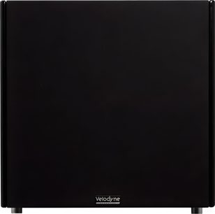 Subwoofer Velodyne SPL-X 18, černý, s hladkou lesklou čelní stranou čtvercového tvaru, se středovým logem dole na malých nožičkách